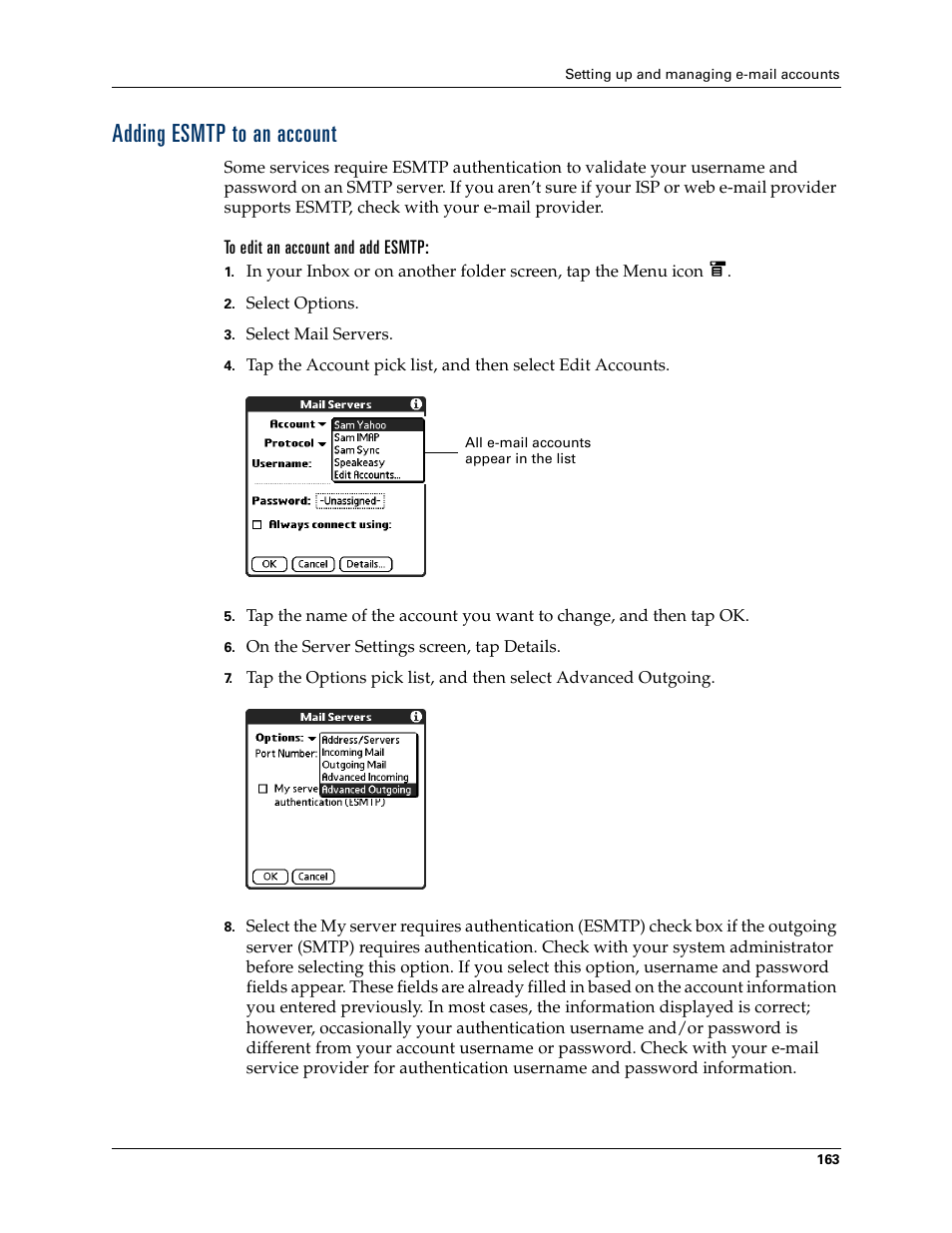 Adding esmtp to an account, To edit an account and add esmtp, Late | Tungsten Affinity TUNGSTUN T3 User Manual | Page 177 / 408