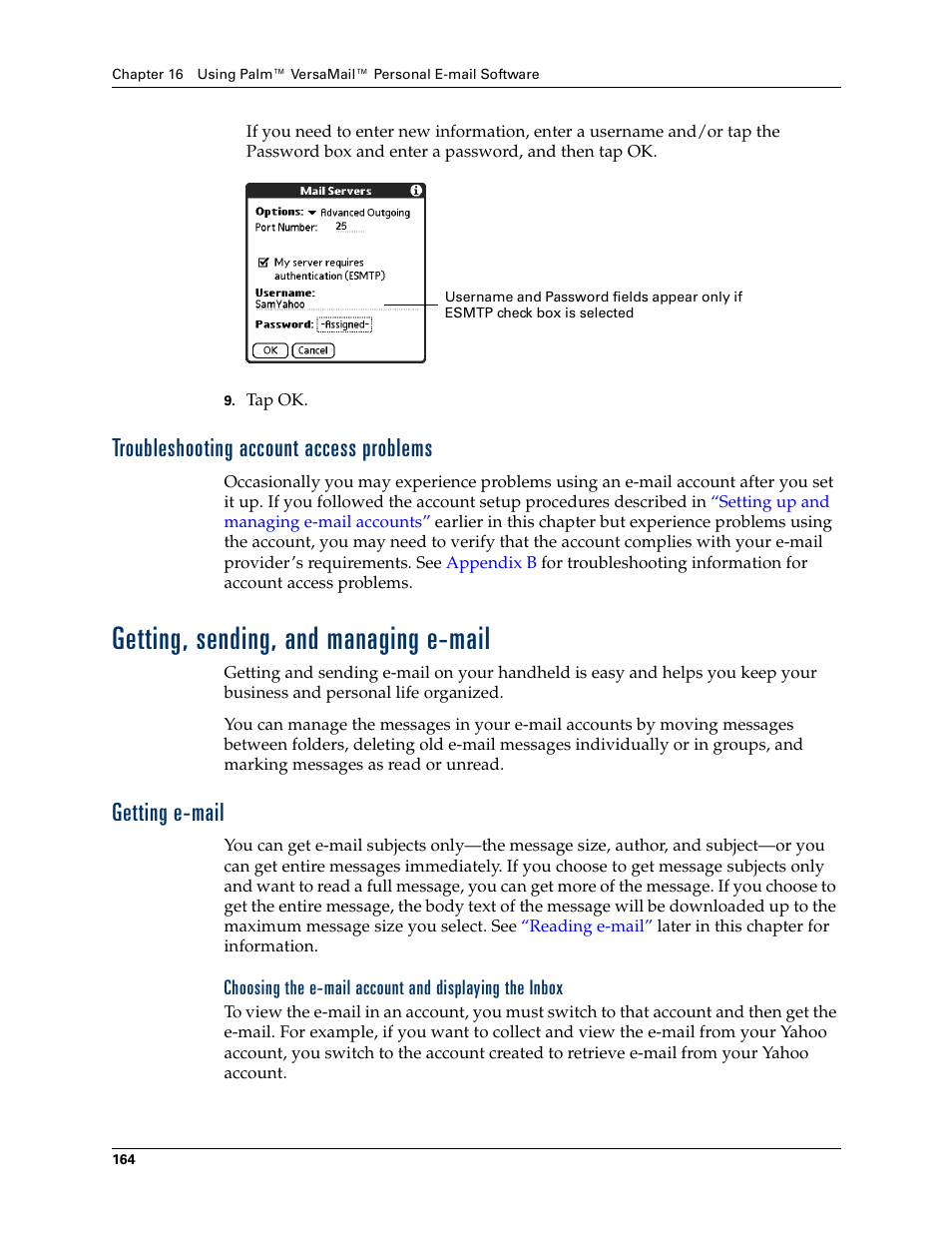 Troubleshooting account access problems, Getting, sending, and managing e-mail, Getting e-mail | Getting, Sending, and managing e-mail | Tungsten Affinity TUNGSTUN T3 User Manual | Page 178 / 408