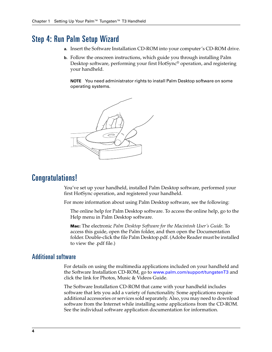 Step 4: run palm setup wizard, Congratulations, Additional software | Step 4: run palm setup wizard congratulations | Tungsten Affinity TUNGSTUN T3 User Manual | Page 18 / 408