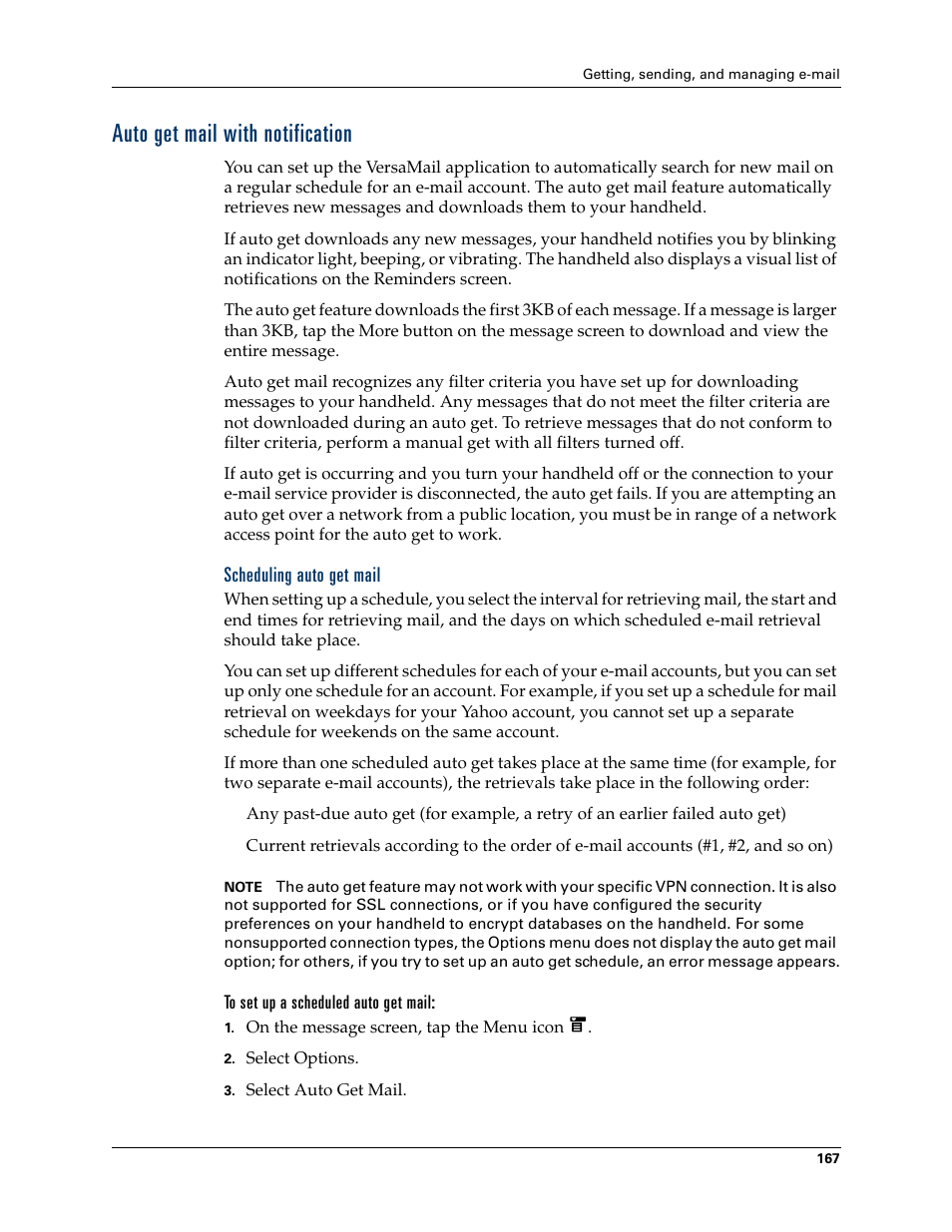 Auto get mail with notification, Scheduling auto get mail, To set up a scheduled auto get mail | Auto get mail with, Notification | Tungsten Affinity TUNGSTUN T3 User Manual | Page 181 / 408