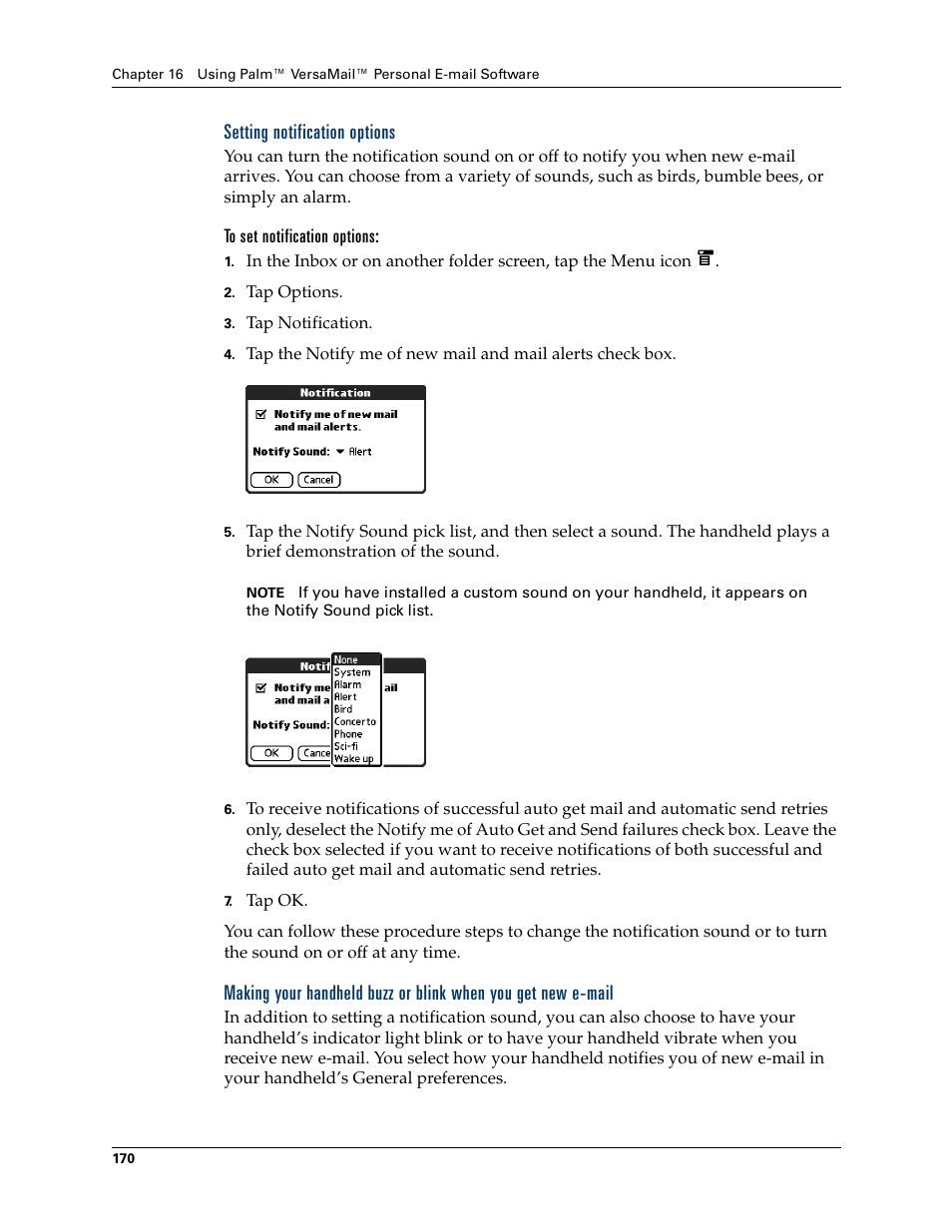 Setting notification options, To set notification options, Setting | Notification options | Tungsten Affinity TUNGSTUN T3 User Manual | Page 184 / 408