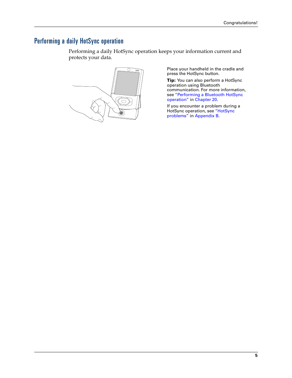 Performing a daily hotsync operation | Tungsten Affinity TUNGSTUN T3 User Manual | Page 19 / 408