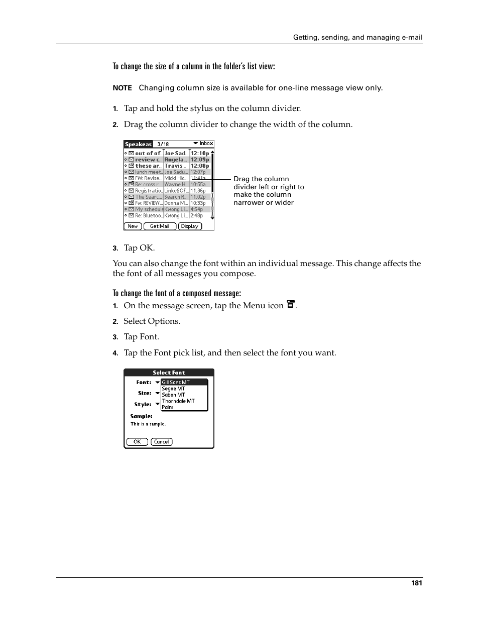 To change the font of a composed message | Tungsten Affinity TUNGSTUN T3 User Manual | Page 195 / 408