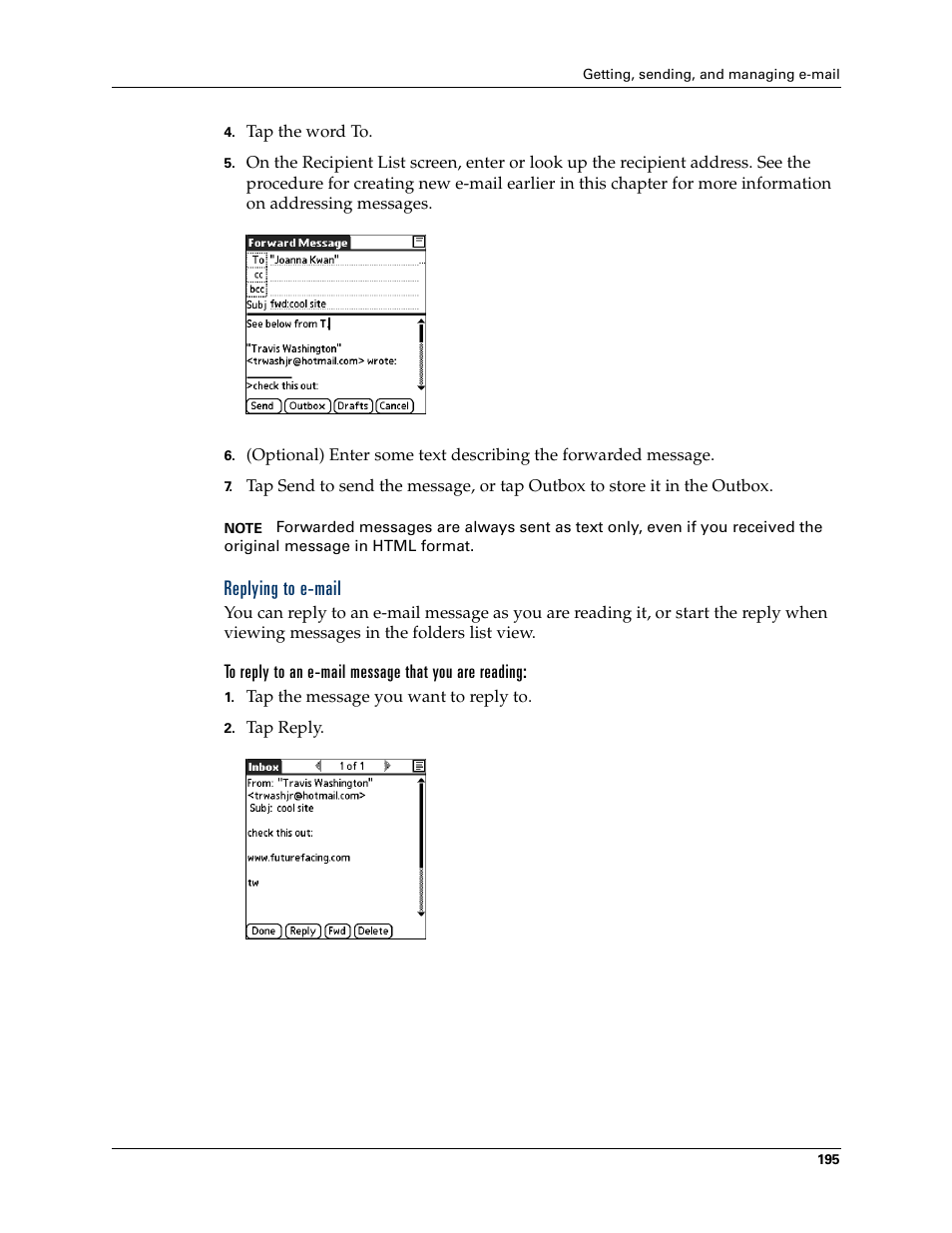 Replying to e-mail, To reply to an e-mail message that you are reading | Tungsten Affinity TUNGSTUN T3 User Manual | Page 209 / 408