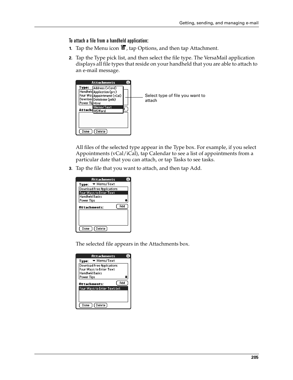 To attach a file from a handheld application | Tungsten Affinity TUNGSTUN T3 User Manual | Page 219 / 408