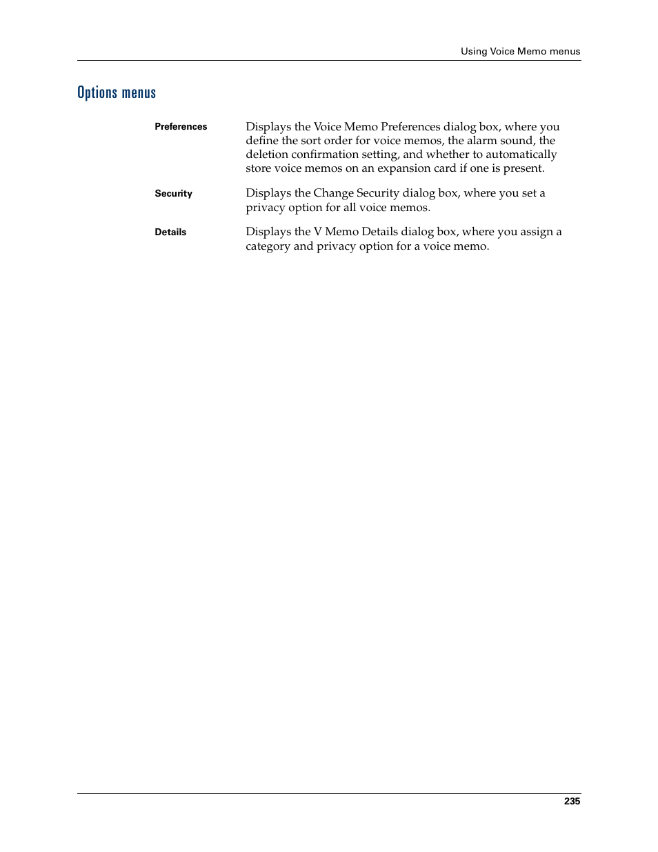 Options menus | Tungsten Affinity TUNGSTUN T3 User Manual | Page 249 / 408