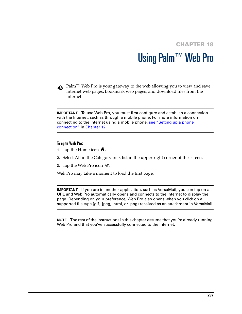 Using palm™ web pro, To open web pro, Chapter 18: using palm™ web pro | Ion, see, Chapter 18, Using palm, Web pro | Tungsten Affinity TUNGSTUN T3 User Manual | Page 251 / 408