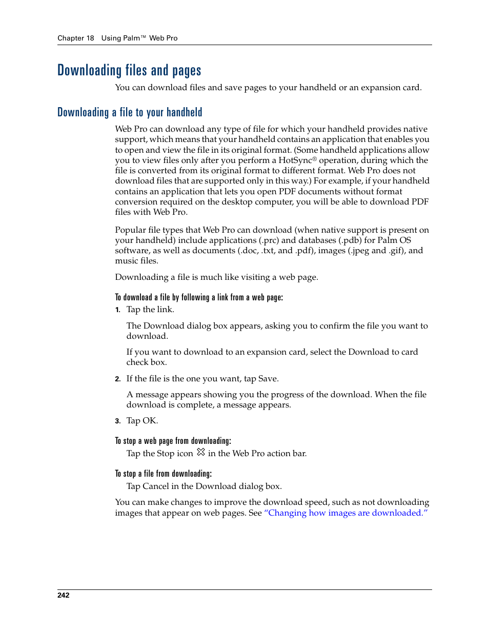 Downloading a file to your handheld, To stop a file from downloading, Downloading files and pages | Tungsten Affinity TUNGSTUN T3 User Manual | Page 256 / 408
