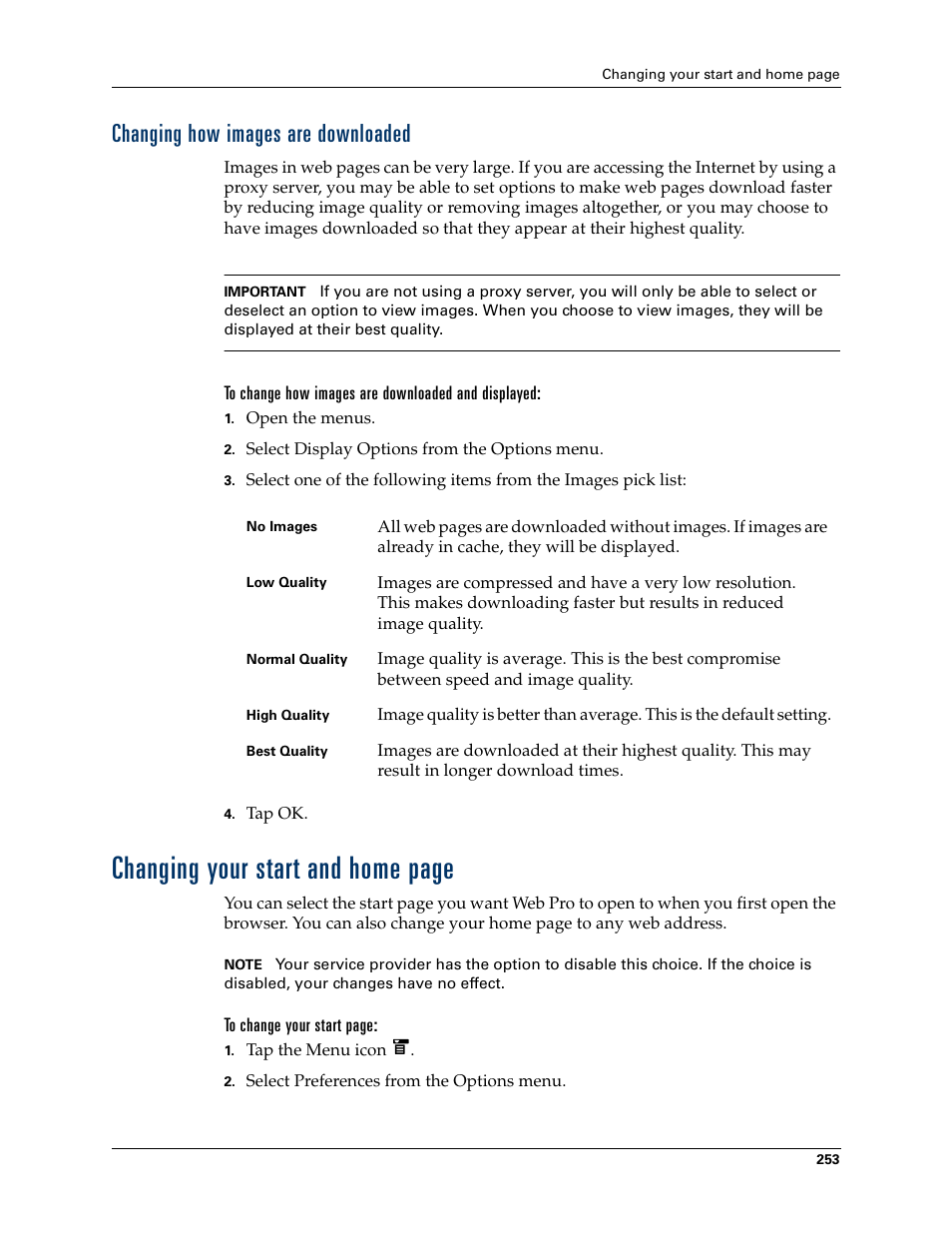 Changing how images are downloaded, To change how images are downloaded and displayed, Changing your start | Changing your start and, Changing your start and home page | Tungsten Affinity TUNGSTUN T3 User Manual | Page 267 / 408