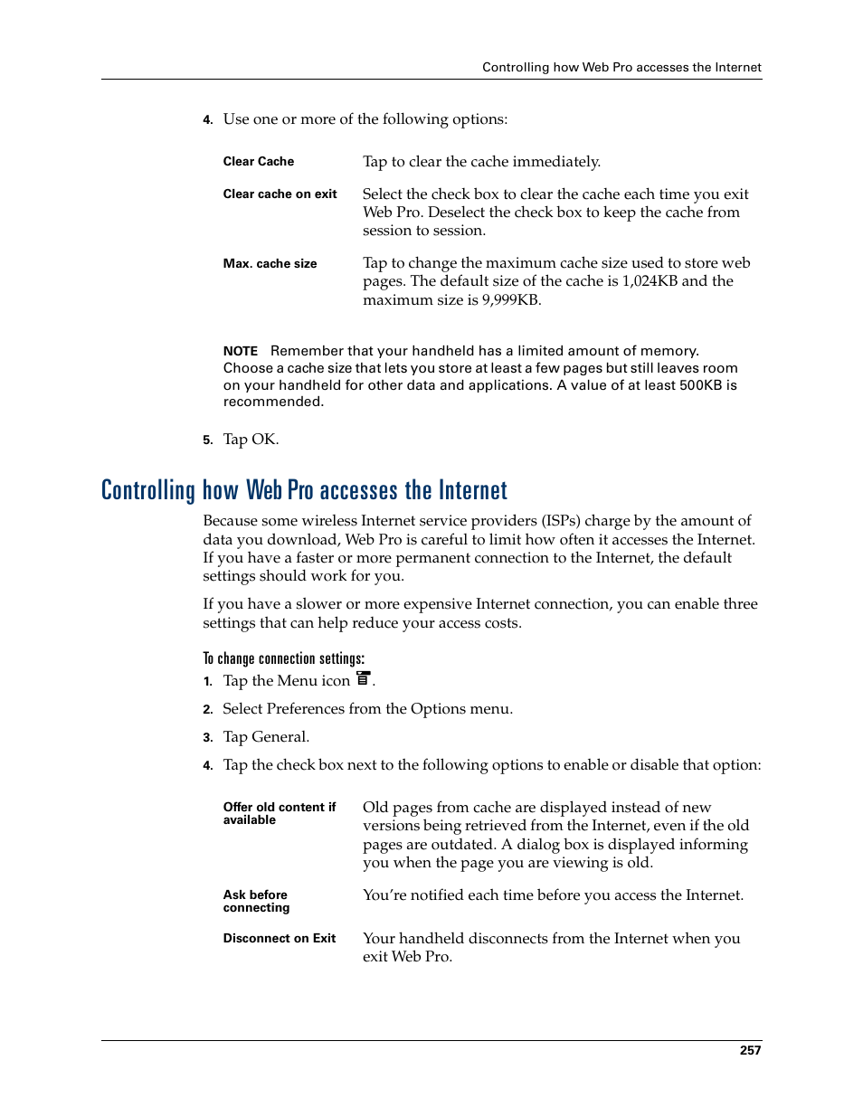 Controlling how web pro accesses the internet, To change connection settings | Tungsten Affinity TUNGSTUN T3 User Manual | Page 271 / 408
