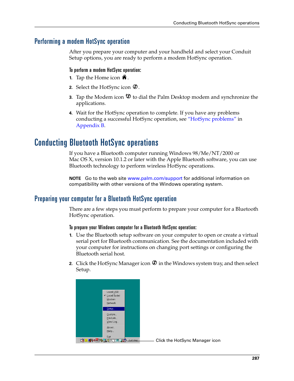 Performing a modem hotsync operation, To perform a modem hotsync operation, Conducting bluetooth hotsync operations | Tungsten Affinity TUNGSTUN T3 User Manual | Page 301 / 408