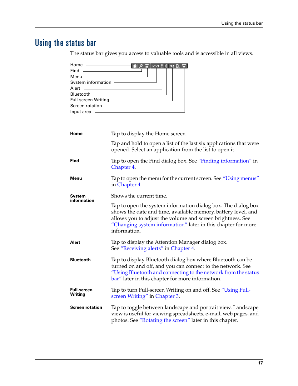 Using the status bar | Tungsten Affinity TUNGSTUN T3 User Manual | Page 31 / 408