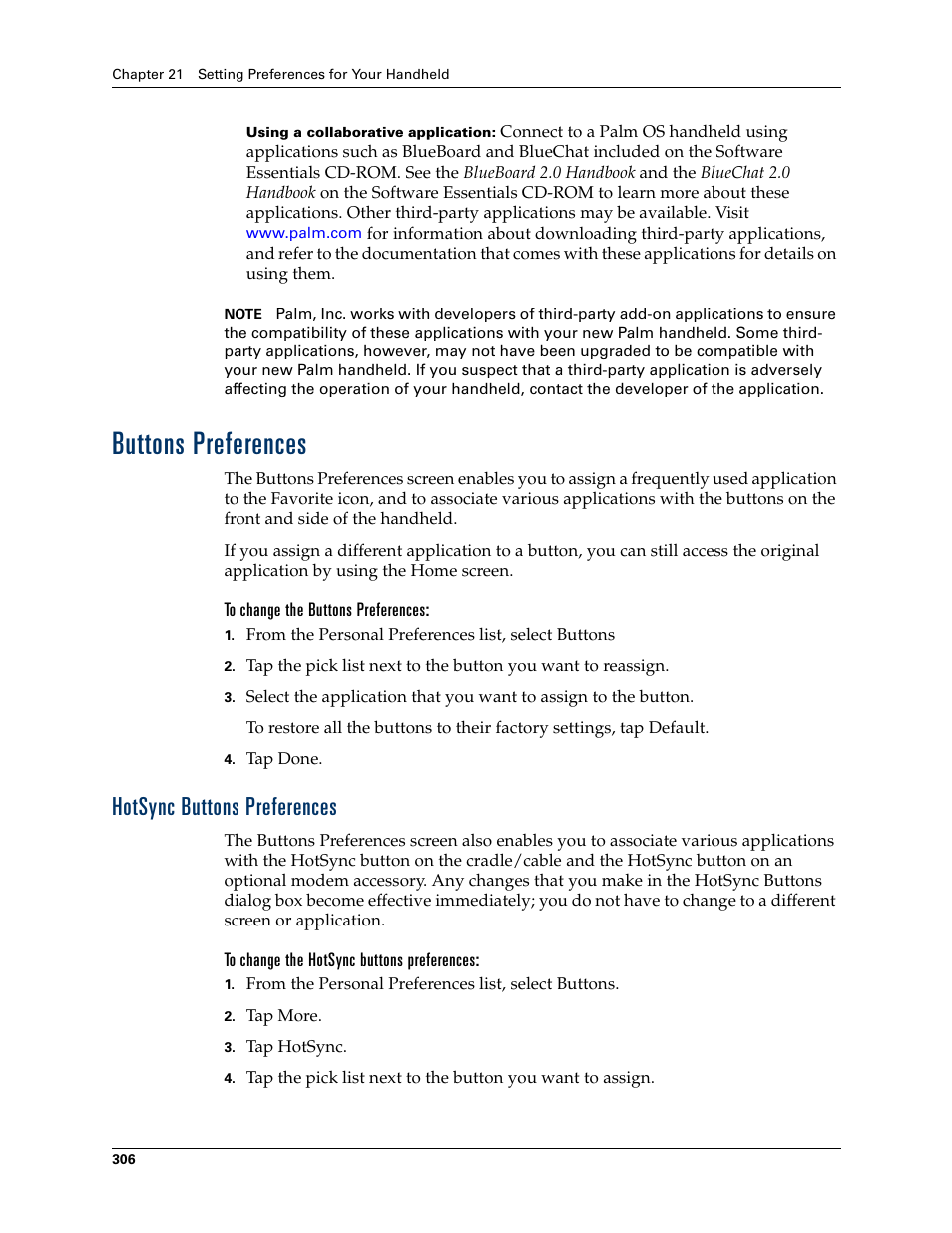Buttons preferences, To change the buttons preferences, Hotsync buttons preferences | To change the hotsync buttons preferences, D. see, Chapter 21 | Tungsten Affinity TUNGSTUN T3 User Manual | Page 320 / 408