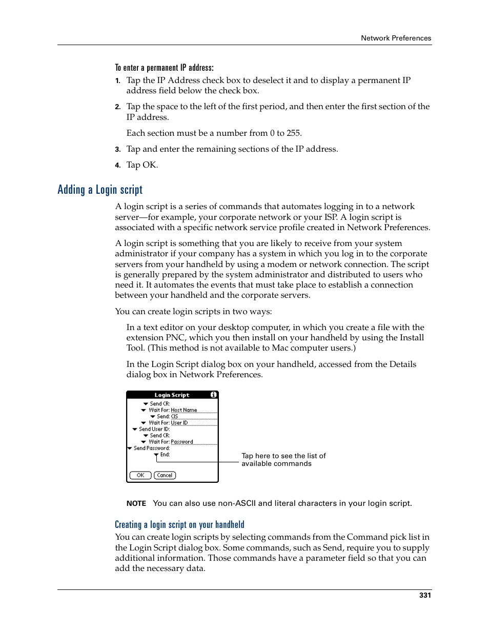To enter a permanent ip address, Adding a login script, Creating a login script on your handheld | Tungsten Affinity TUNGSTUN T3 User Manual | Page 345 / 408