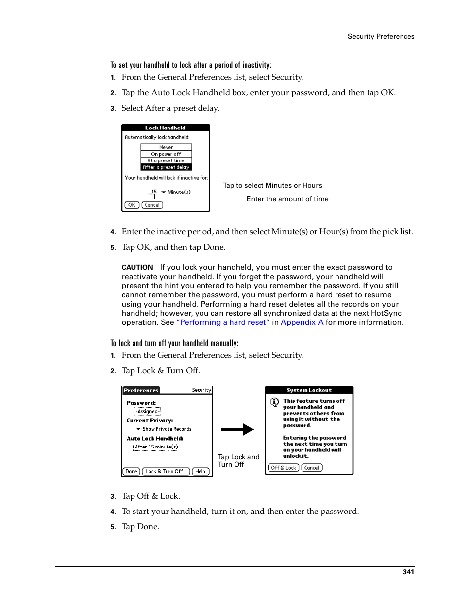 To lock and turn off your handheld manually | Tungsten Affinity TUNGSTUN T3 User Manual | Page 355 / 408