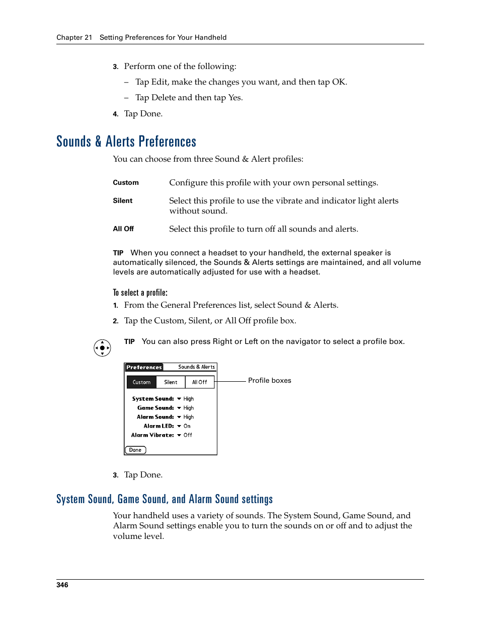 Sounds & alerts preferences, To select a profile, System sound, game sound, and alarm sound settings | Tungsten Affinity TUNGSTUN T3 User Manual | Page 360 / 408