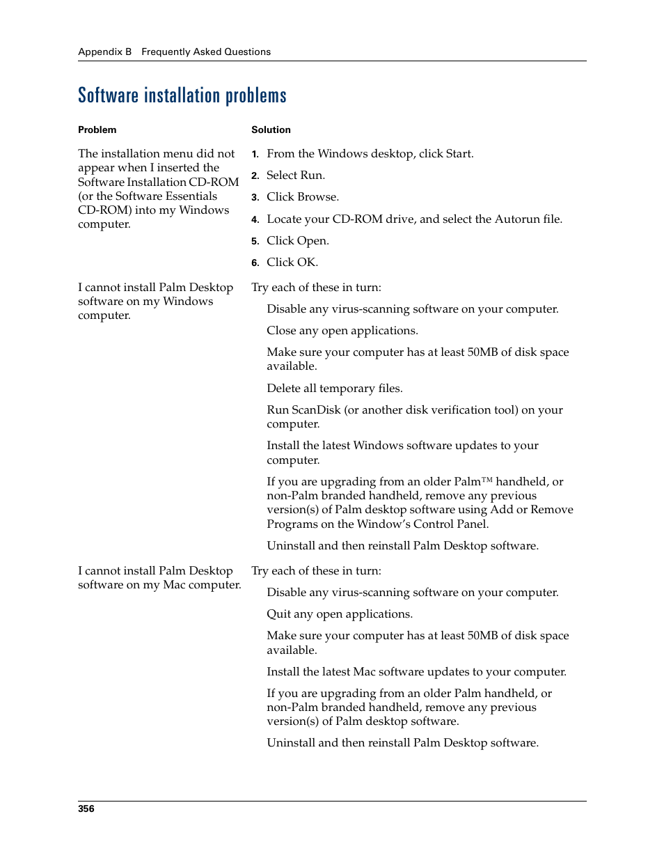 Software installation problems | Tungsten Affinity TUNGSTUN T3 User Manual | Page 370 / 408