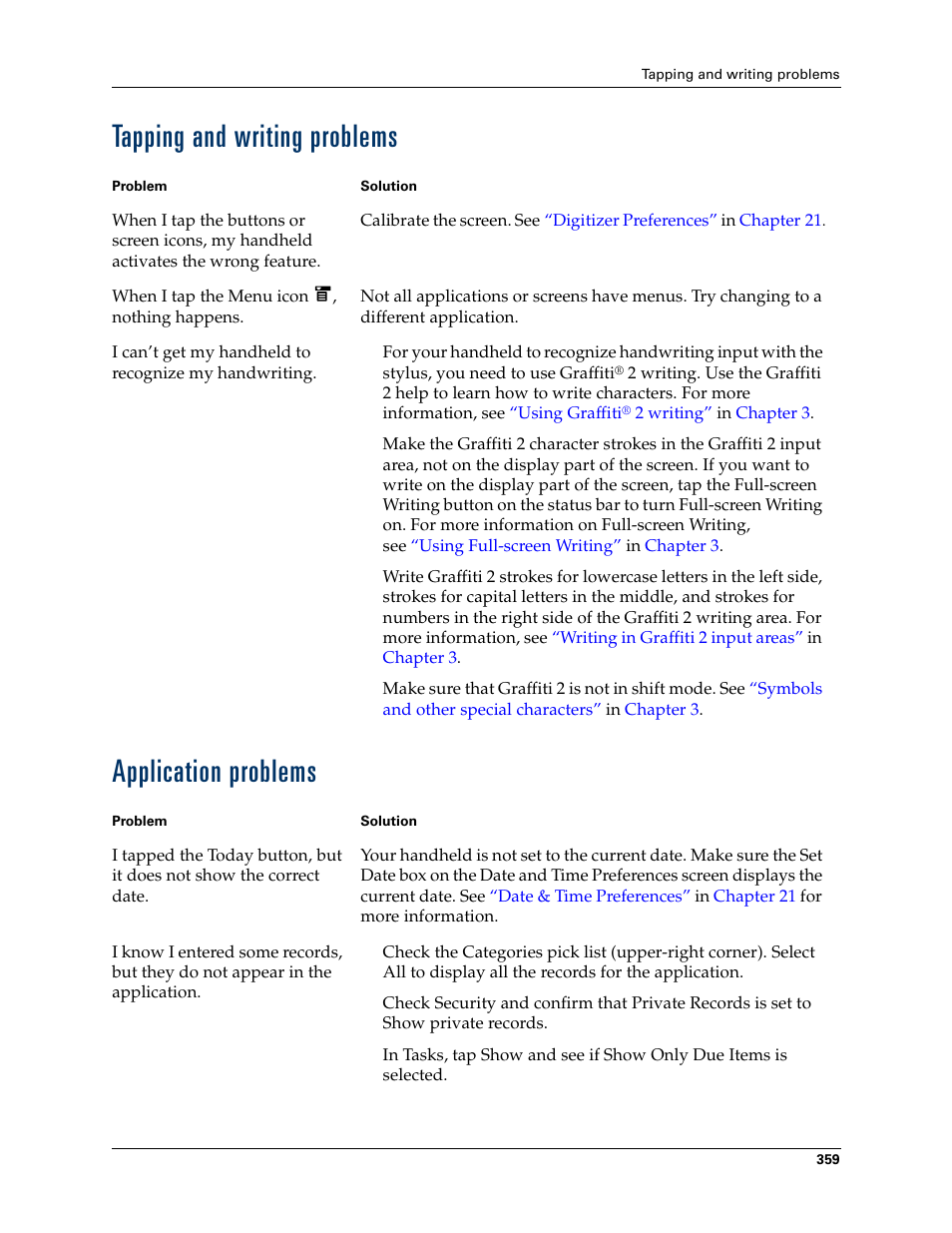 Tapping and writing problems, Application problems, Tapping and writing problems application problems | Tungsten Affinity TUNGSTUN T3 User Manual | Page 373 / 408