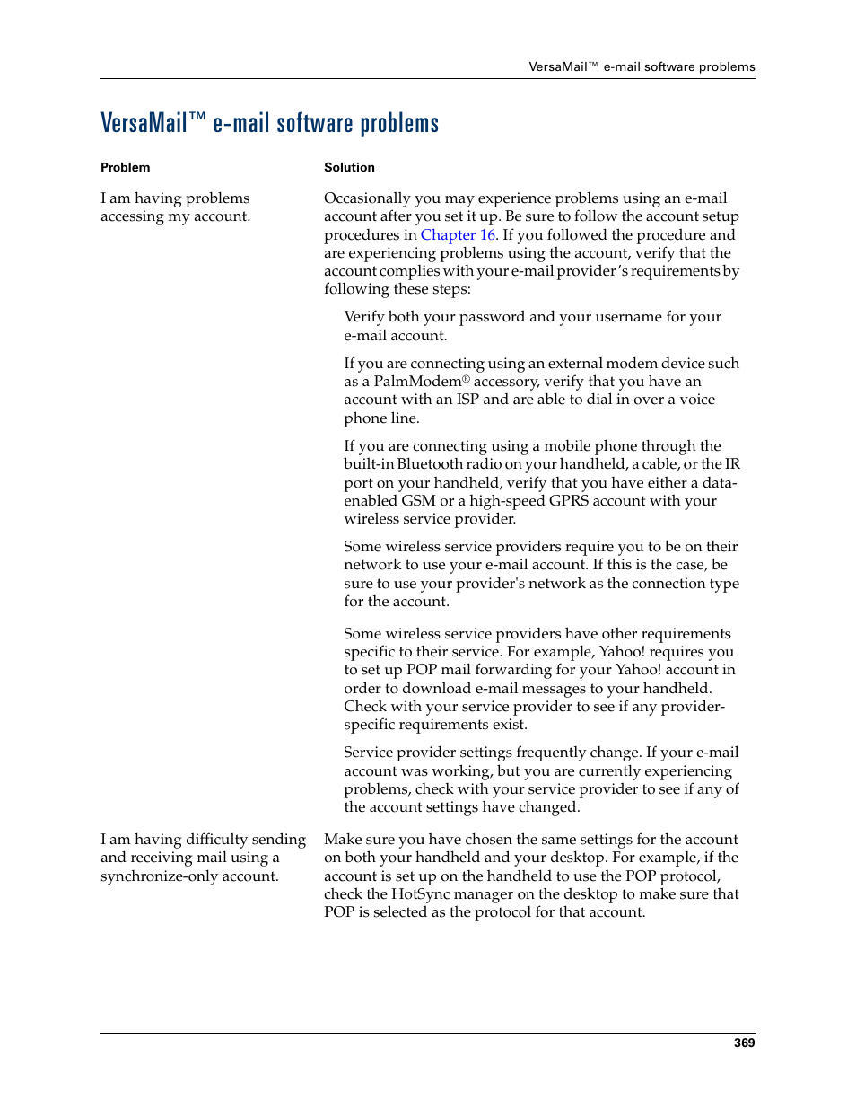 Versamail™ e-mail software problems, Versamail, E-mail software problems | Tungsten Affinity TUNGSTUN T3 User Manual | Page 383 / 408