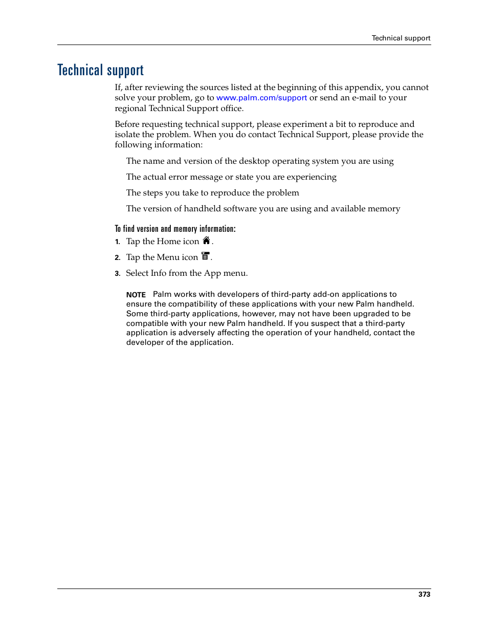 Technical support, To find version and memory information | Tungsten Affinity TUNGSTUN T3 User Manual | Page 387 / 408