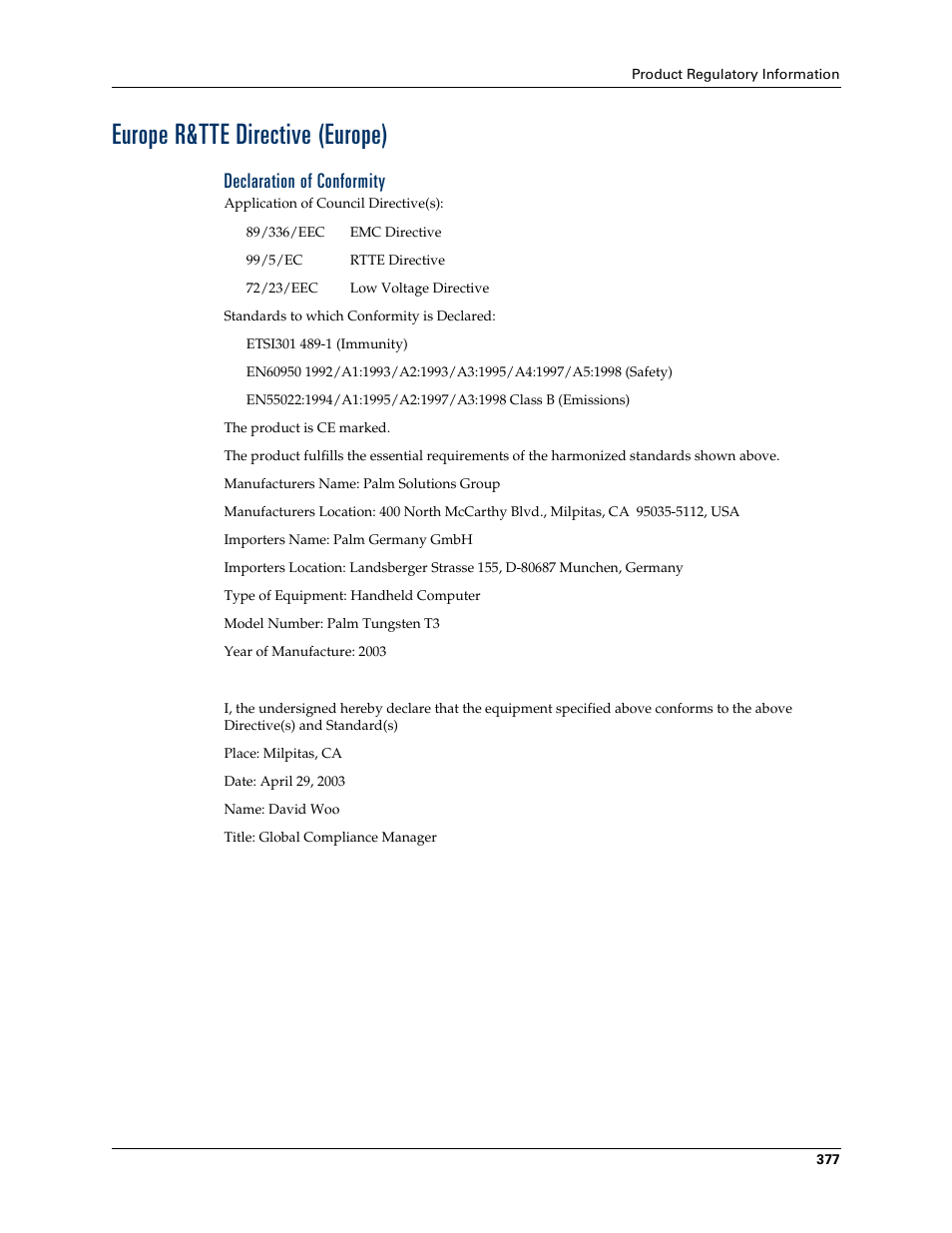 Declaration of conformity, Europe r&tte directive (europe) | Tungsten Affinity TUNGSTUN T3 User Manual | Page 391 / 408