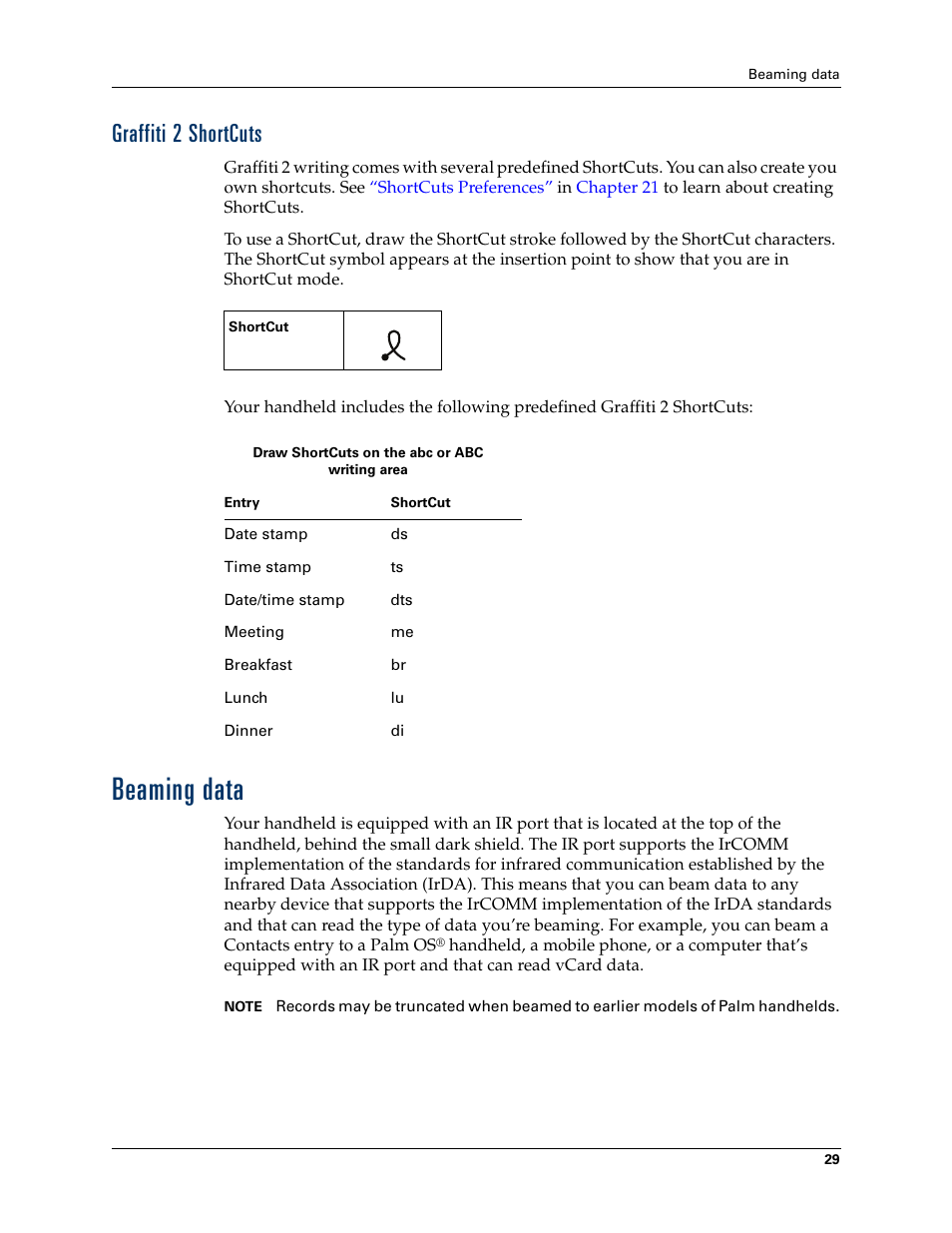 Graffiti 2 shortcuts, Beaming data, Chapter 3 | And see | Tungsten Affinity TUNGSTUN T3 User Manual | Page 43 / 408