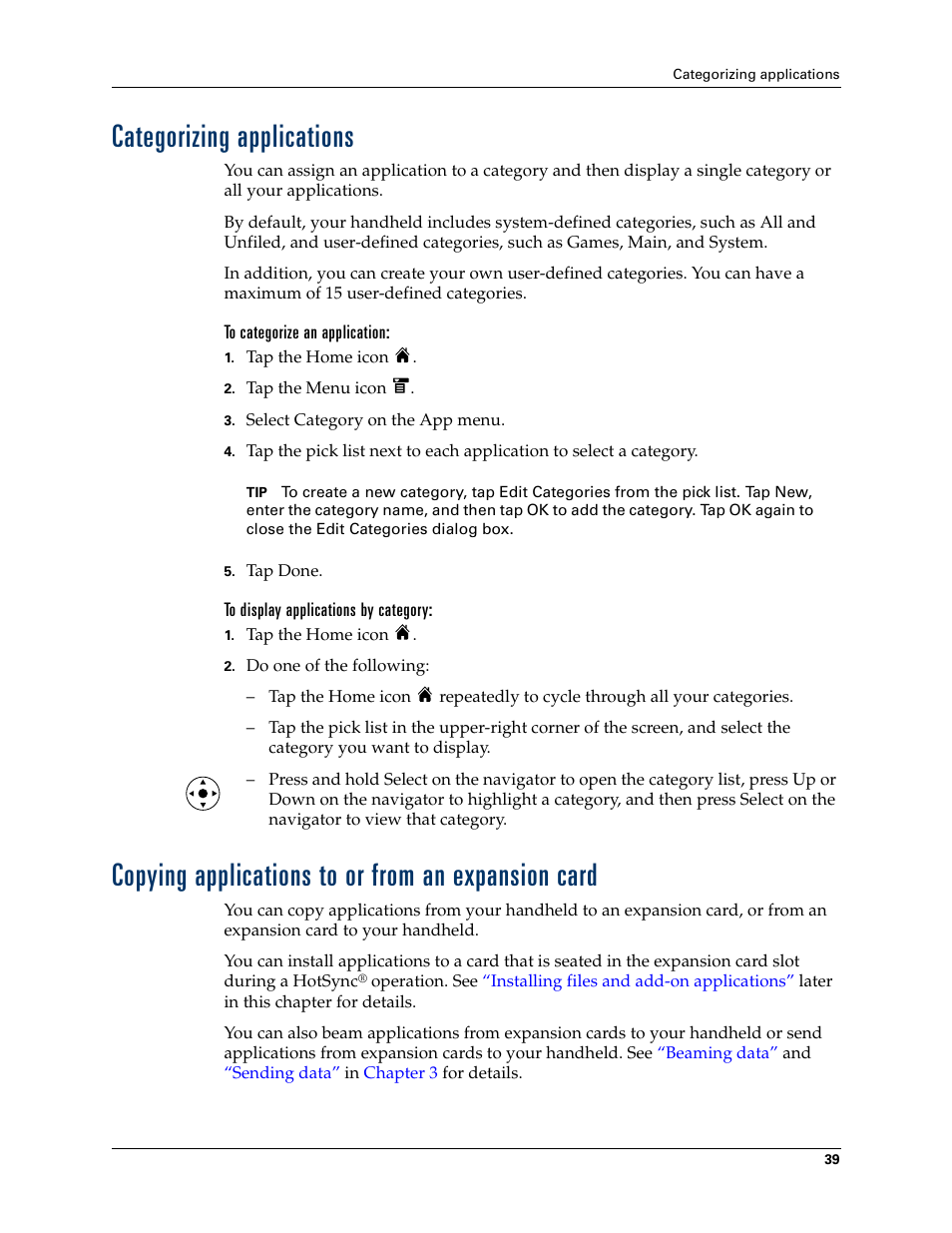 Categorizing applications, To categorize an application, To display applications by category | Copying applications to or from an expansion card | Tungsten Affinity TUNGSTUN T3 User Manual | Page 53 / 408