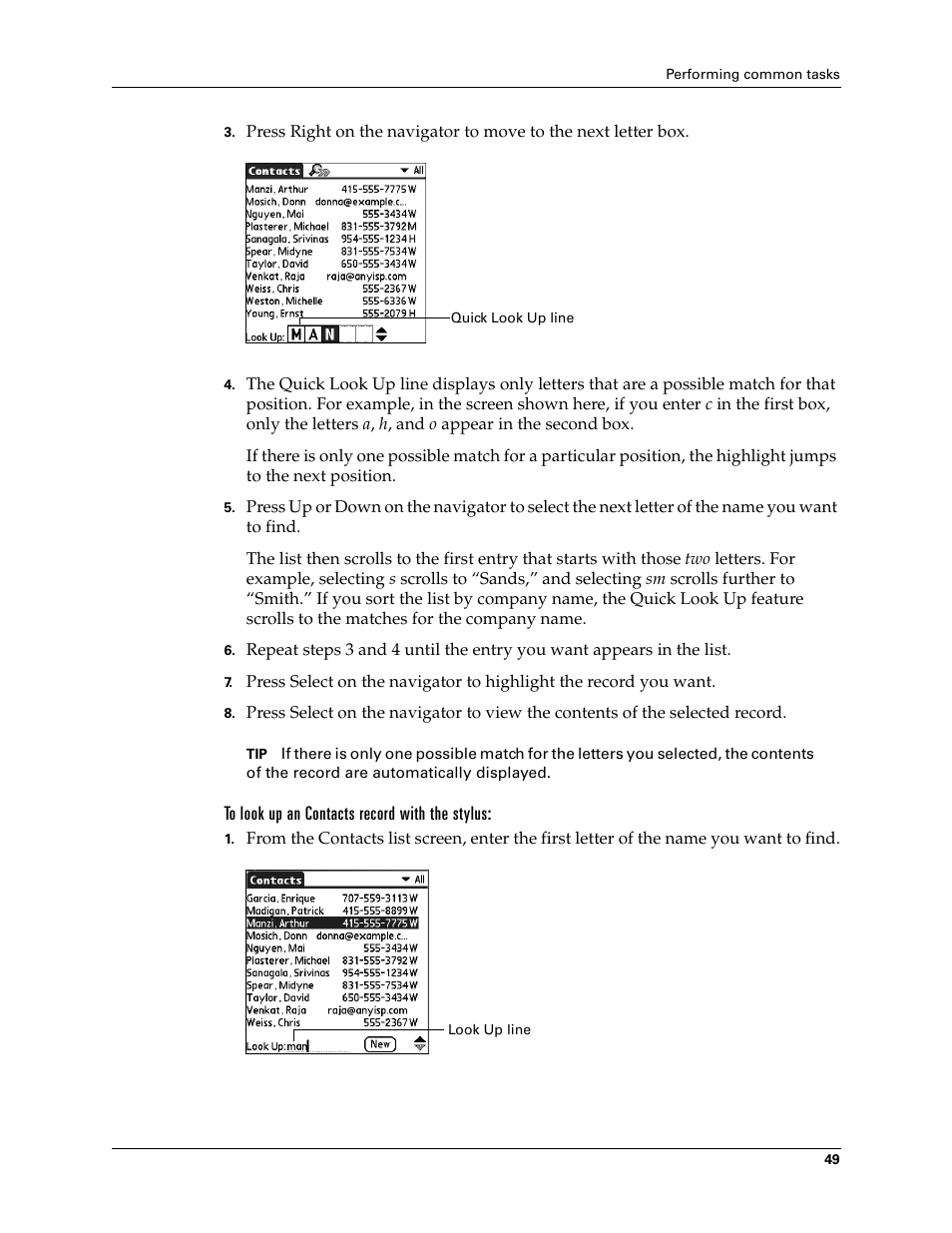 To look up an contacts record with the stylus | Tungsten Affinity TUNGSTUN T3 User Manual | Page 63 / 408