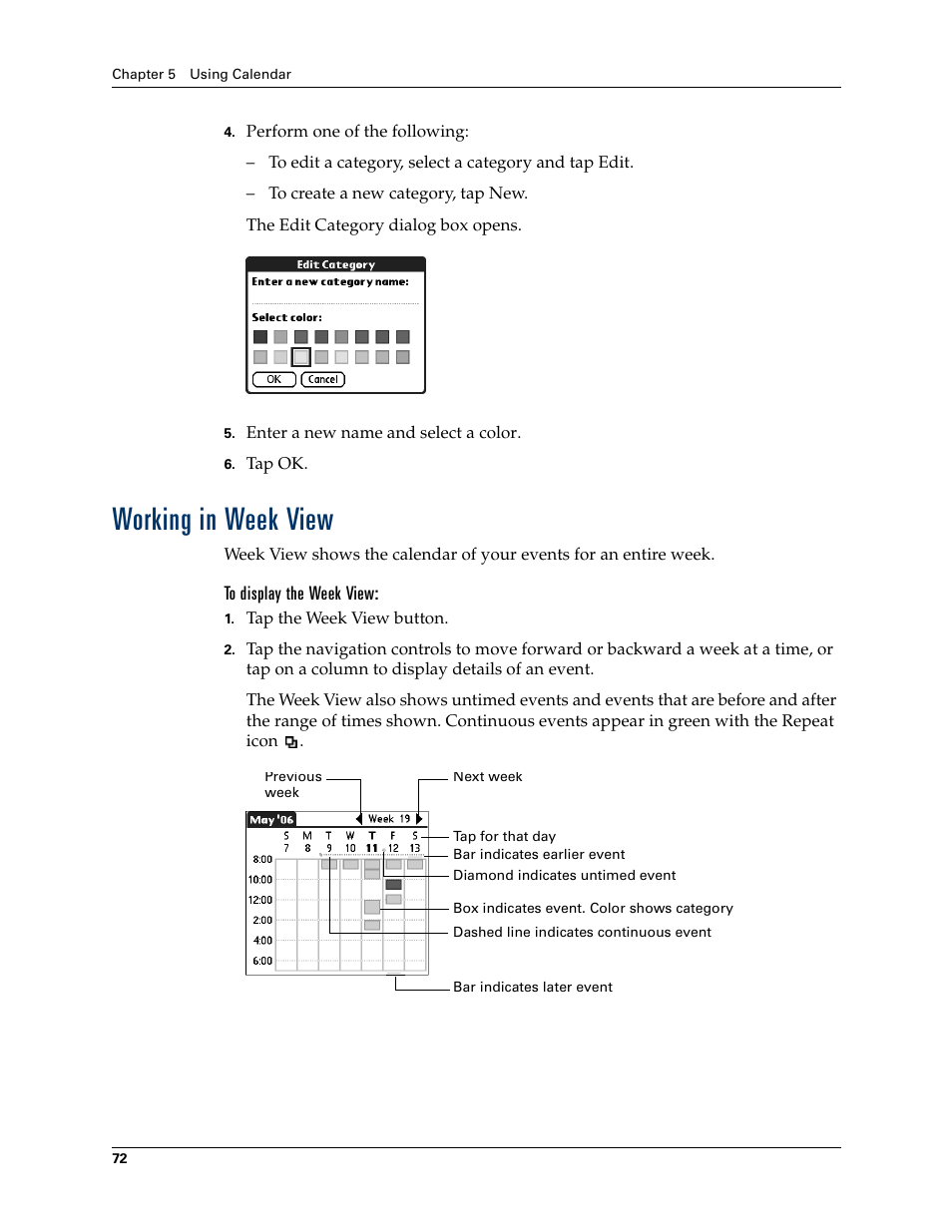 Working in week view, To display the week view | Tungsten Affinity TUNGSTUN T3 User Manual | Page 86 / 408