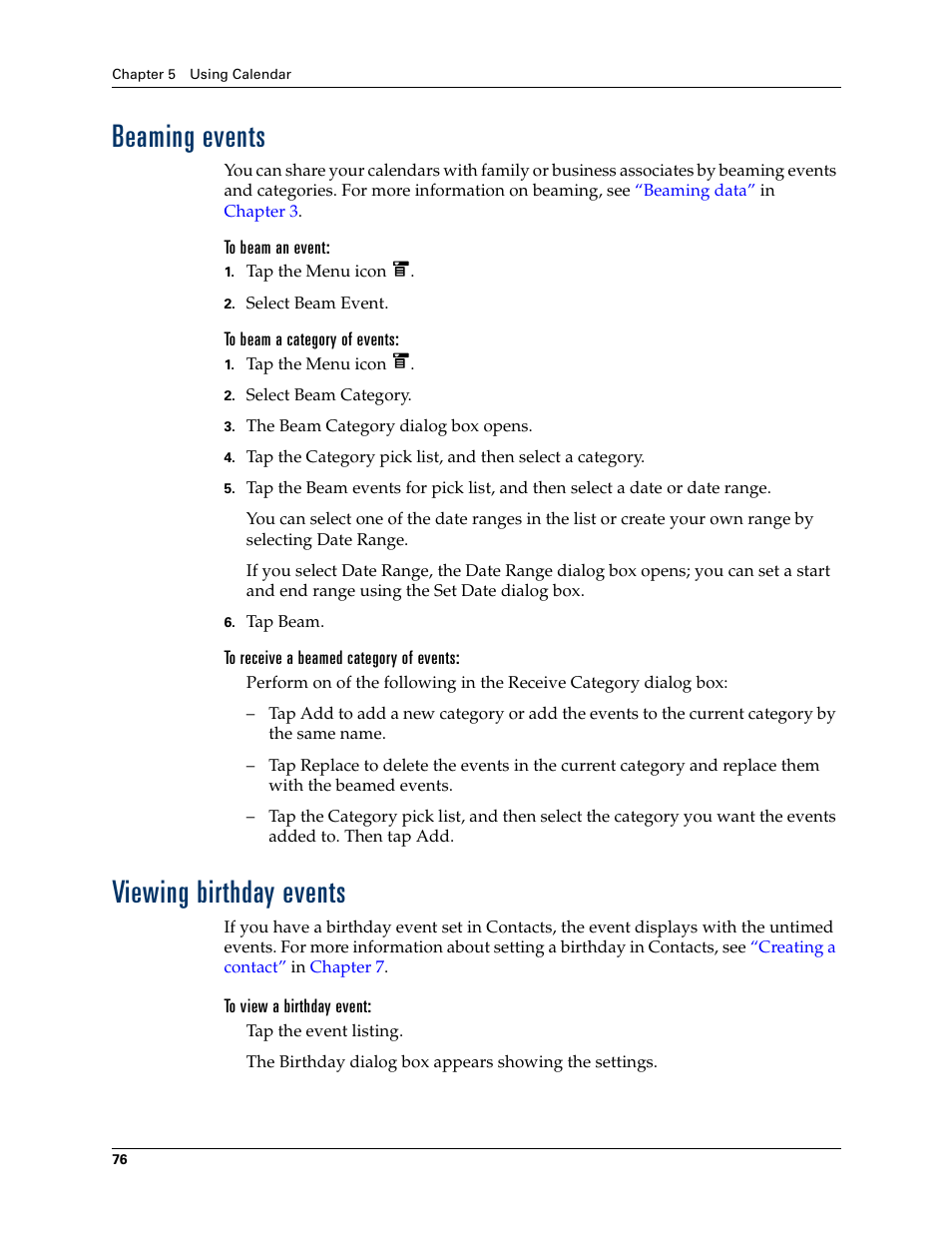 Beaming events, To beam an event, To beam a category of events | To receive a beamed category of events, Viewing birthday events, To view a birthday event, Beaming events viewing birthday events | Tungsten Affinity TUNGSTUN T3 User Manual | Page 90 / 408