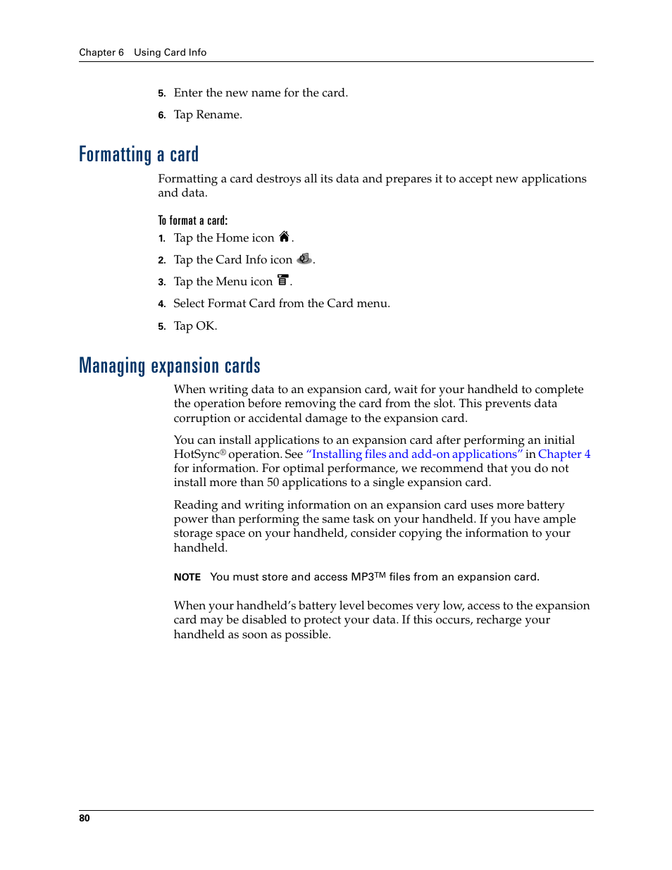 Formatting a card, To format a card, Managing expansion cards | Formatting a card managing expansion cards | Tungsten Affinity TUNGSTUN T3 User Manual | Page 94 / 408