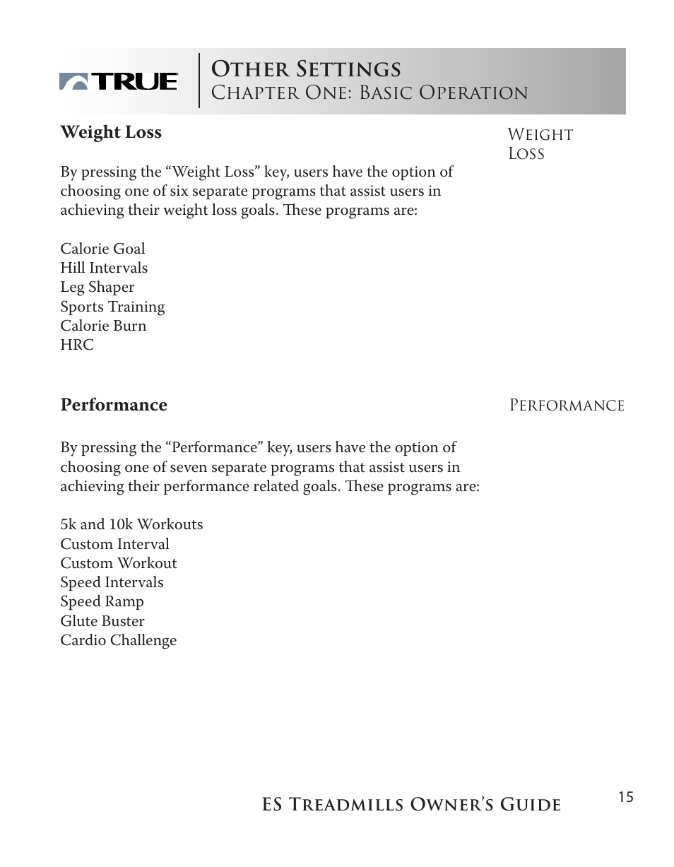Other settings | True Fitness ES9.0 + ES7.0 User Manual | Page 15 / 77