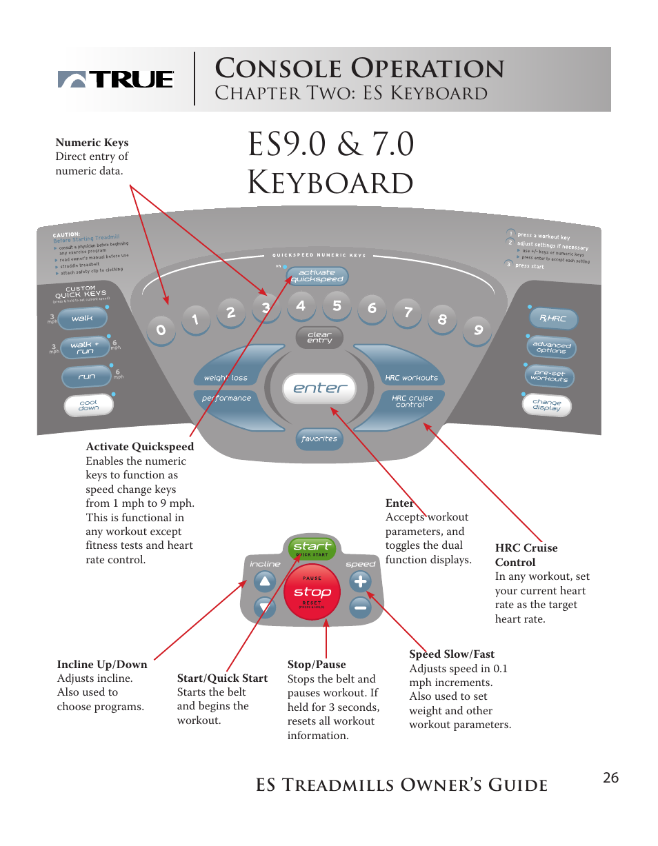 Es9.0 & 7.0 keyboard, Console operation, Chapter two: es keyboard | Es treadmills owner’s guide | True Fitness ES9.0 + ES7.0 User Manual | Page 26 / 77