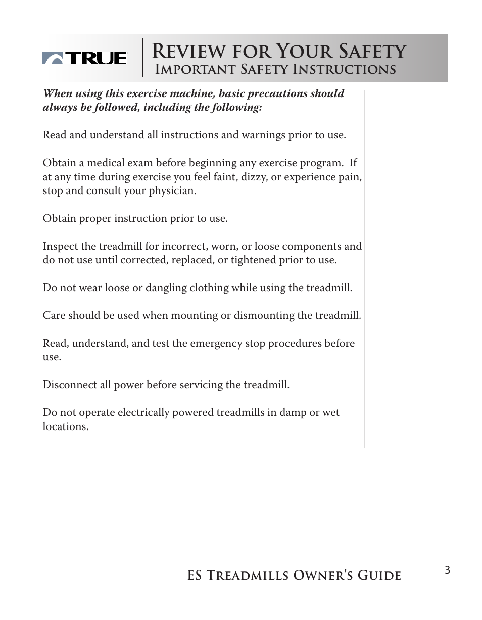 Review for your safety | True Fitness ES9.0 + ES7.0 User Manual | Page 3 / 77