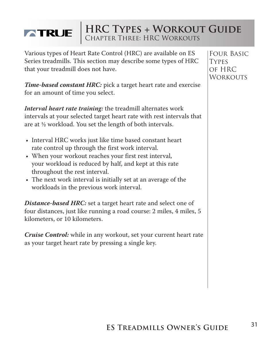 Hrc introduction, Hrc types + workout guide | True Fitness ES9.0 + ES7.0 User Manual | Page 31 / 77