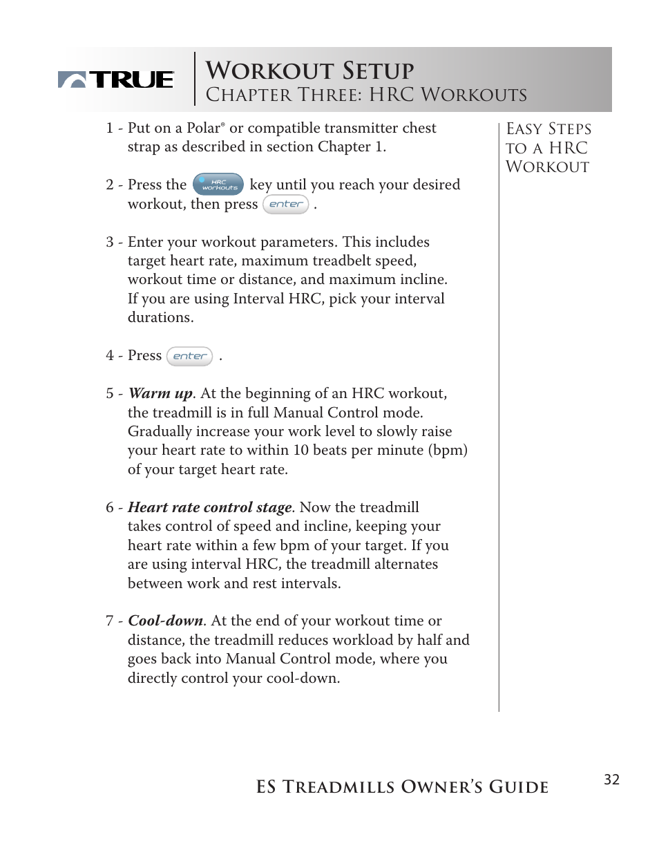 Workout setup, Chapter three: hrc workouts | True Fitness ES9.0 + ES7.0 User Manual | Page 32 / 77