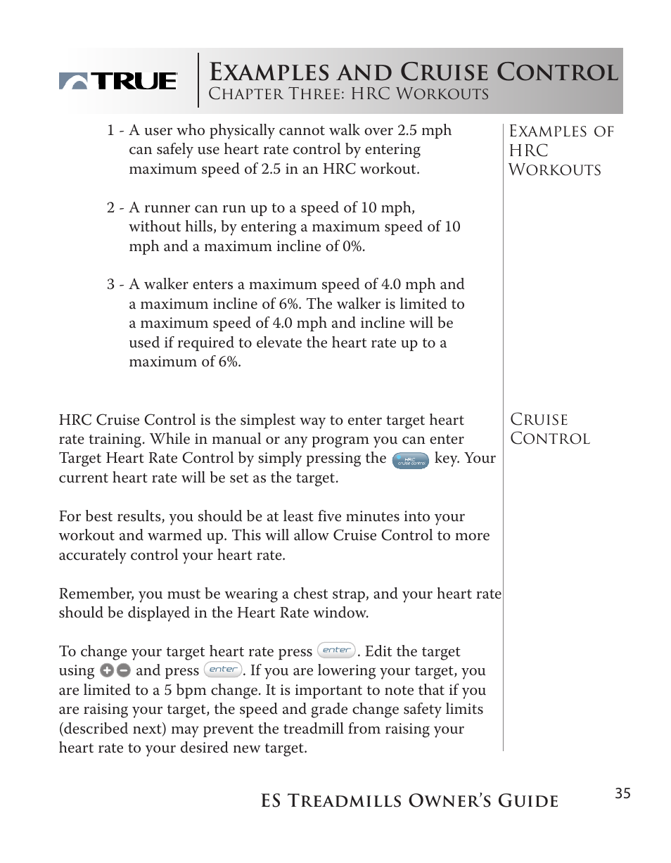 Tips and how hrc works, Examples and cruise control | True Fitness ES9.0 + ES7.0 User Manual | Page 35 / 77