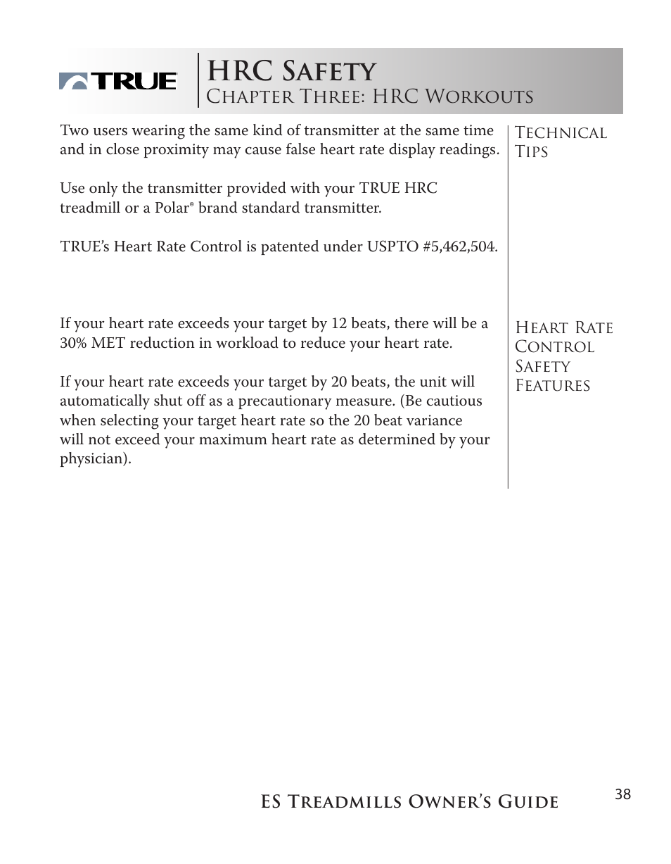 Hrc safety | True Fitness ES9.0 + ES7.0 User Manual | Page 38 / 77