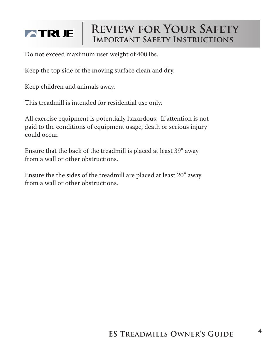 Review for your safety | True Fitness ES9.0 + ES7.0 User Manual | Page 4 / 77
