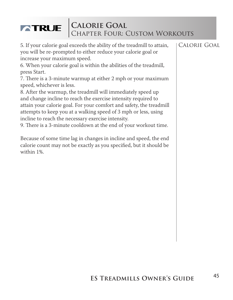 Calorie goal | True Fitness ES9.0 + ES7.0 User Manual | Page 45 / 77