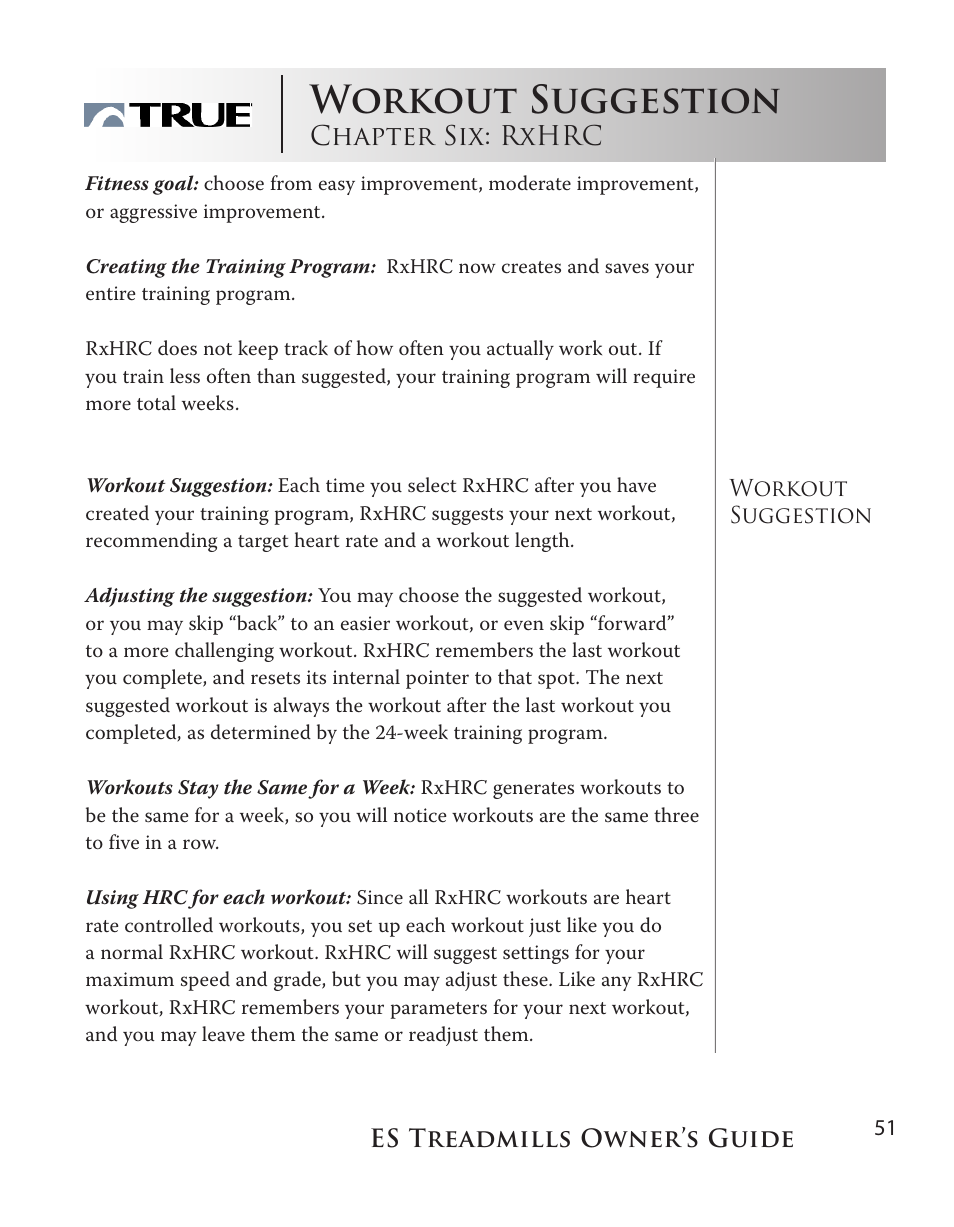 Workout suggestion, Chapter six: rxhrc | True Fitness ES9.0 + ES7.0 User Manual | Page 51 / 77