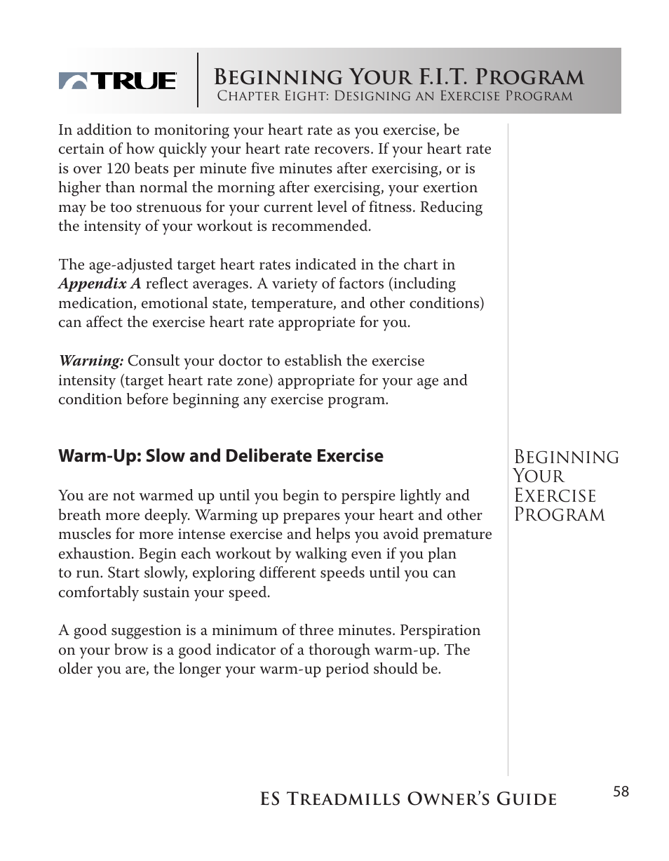 Beginning your f.i.t. program | True Fitness ES9.0 + ES7.0 User Manual | Page 58 / 77