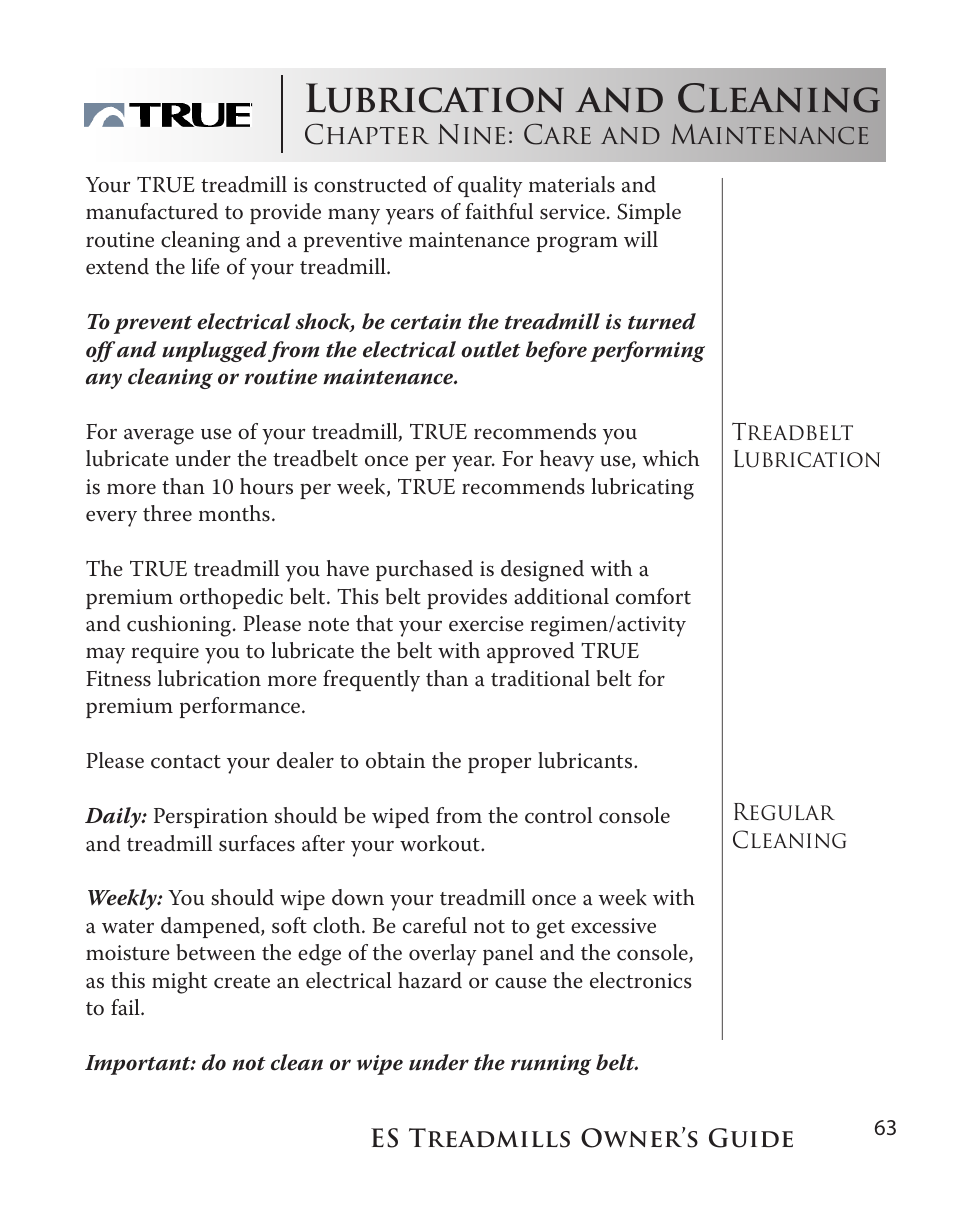 Lubrication and cleaning | True Fitness ES9.0 + ES7.0 User Manual | Page 63 / 77