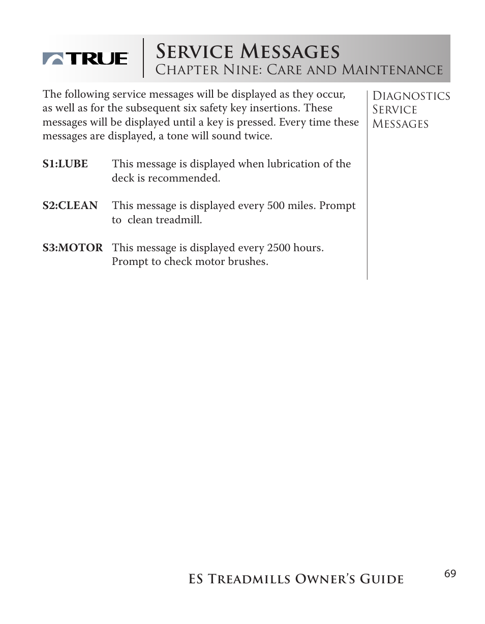 Service messages | True Fitness ES9.0 + ES7.0 User Manual | Page 69 / 77