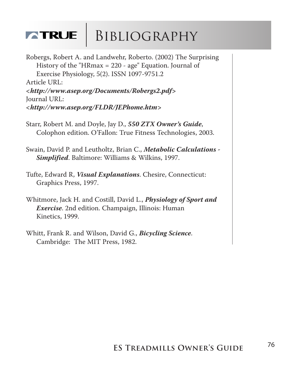 Bibliography | True Fitness ES9.0 + ES7.0 User Manual | Page 76 / 77