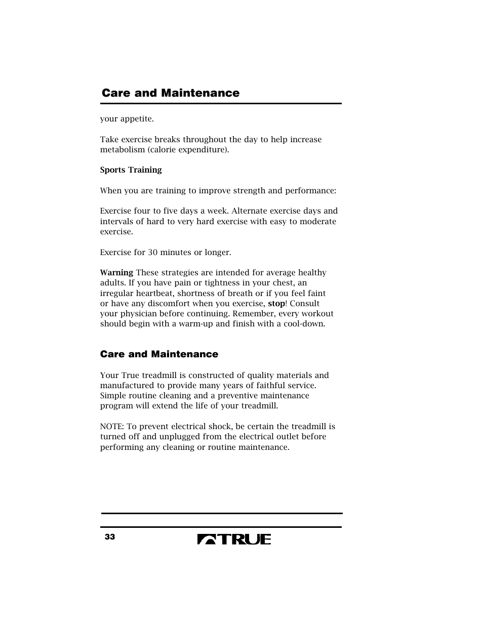 Care and maintenance | True Fitness True 400 User Manual | Page 36 / 41