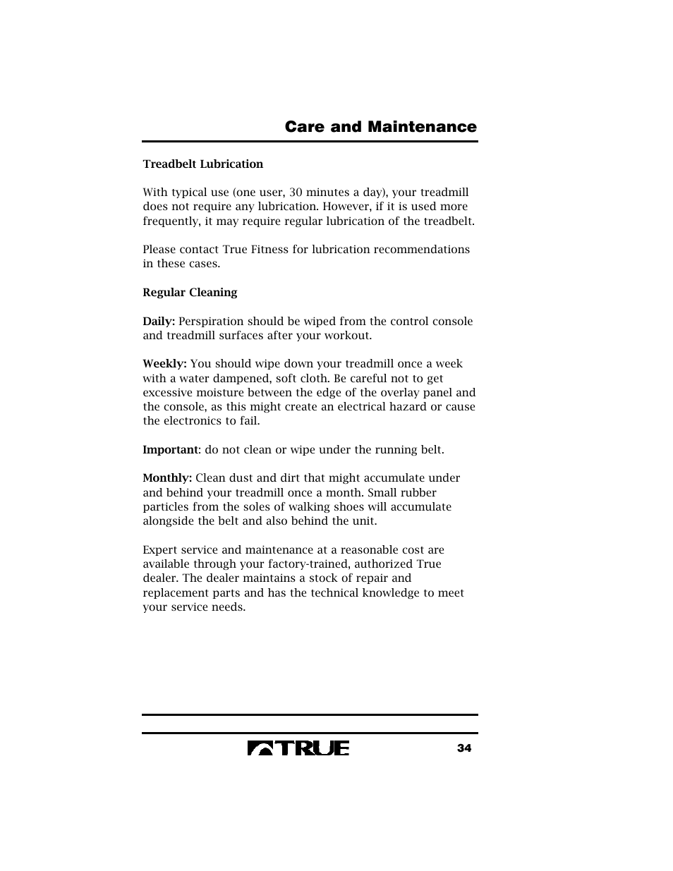 Care and maintenance | True Fitness True 400 User Manual | Page 37 / 41