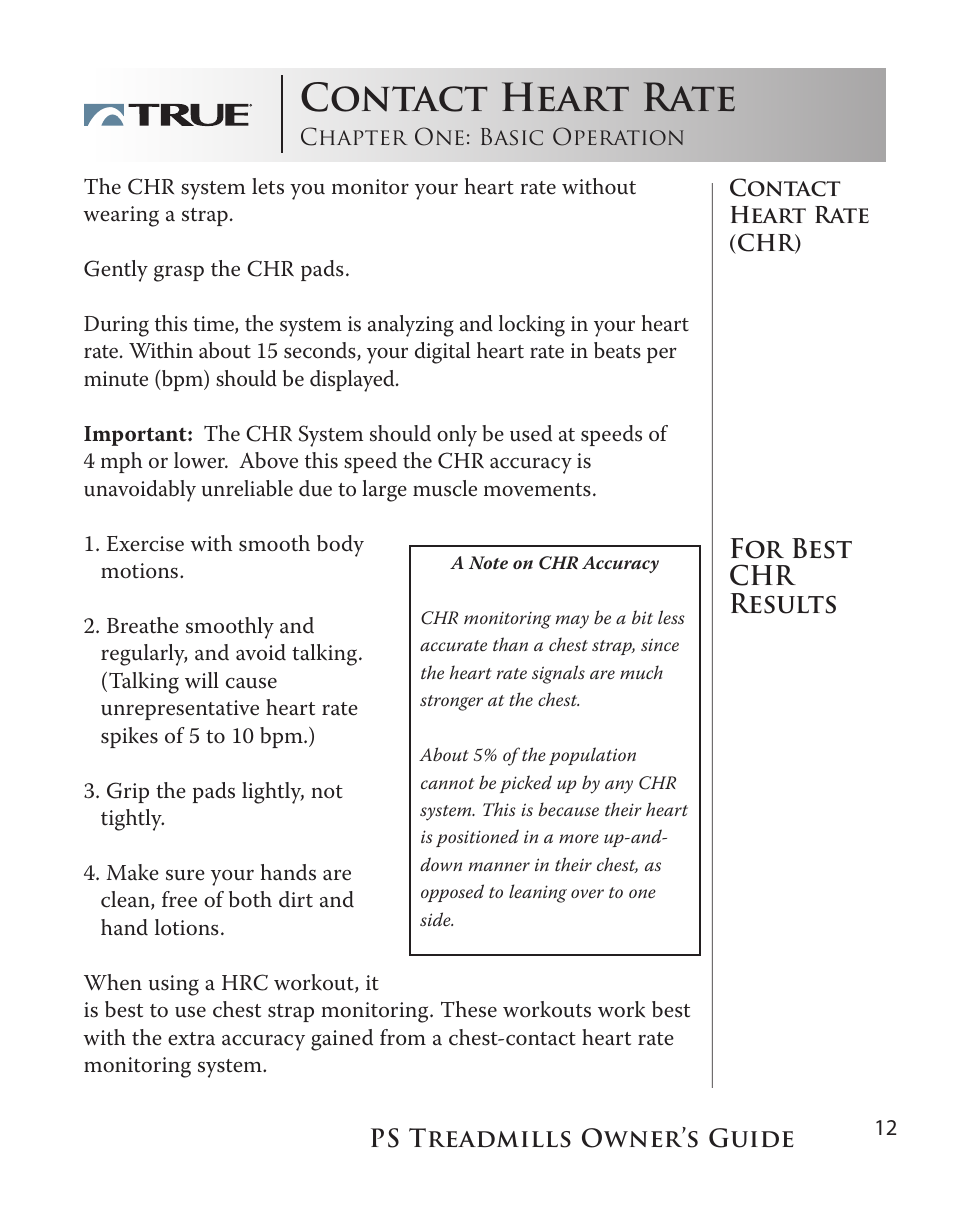 Contact heart rate, For best chr results | True Fitness PS75 User Manual | Page 12 / 40