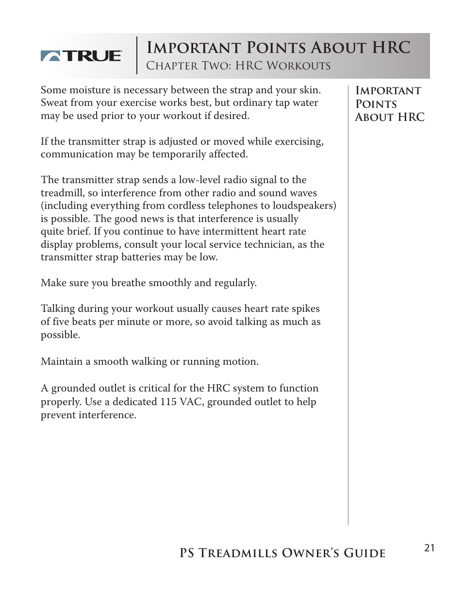 Important points about hrc | True Fitness PS75 User Manual | Page 21 / 40