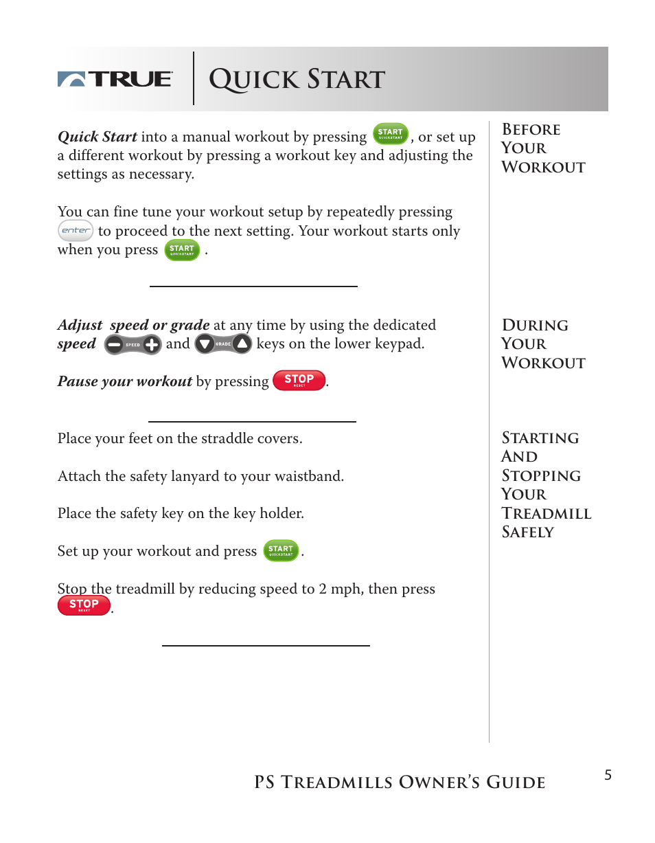 Quick start | True Fitness PS75 User Manual | Page 5 / 40